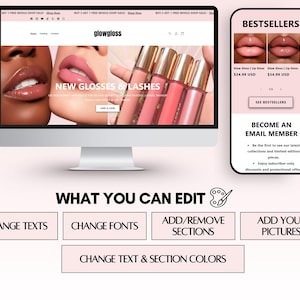 May include: A website and mobile phone display a beauty product advertisement. The website shows lip glosses and lashes, with the text "New Glosses & Lashes." The phone displays bestsellers and encourages email sign-ups. The image also includes editing options.