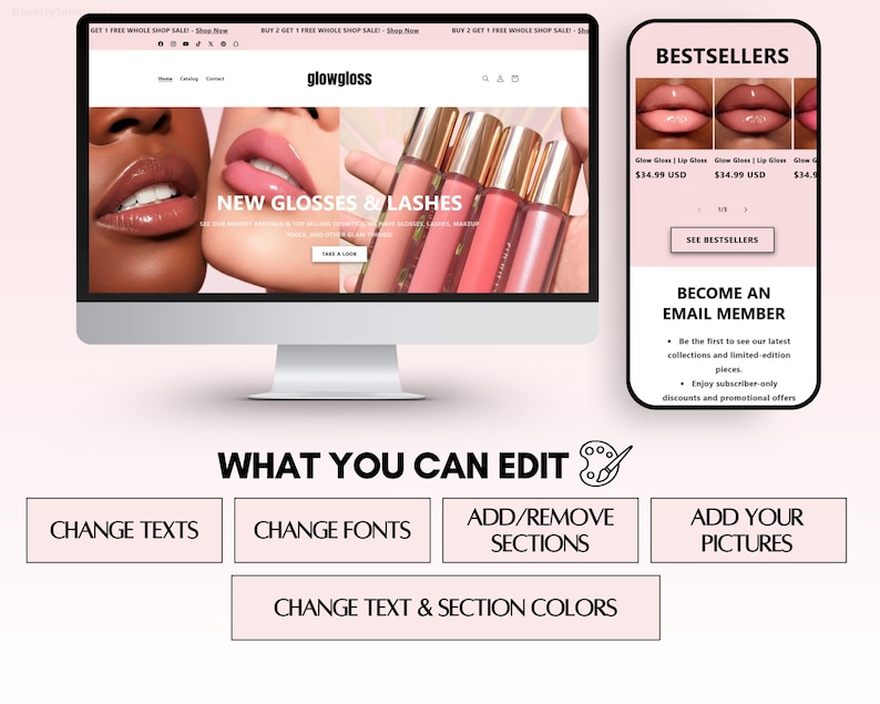 May include: A website and mobile phone display a beauty product advertisement. The website shows lip glosses and lashes, with the text "New Glosses & Lashes." The phone displays bestsellers and encourages email sign-ups. The image also includes editing options.