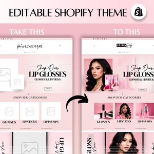 May include: A website mockup for a lip gloss and lipstick company. The website features a pink background with a model wearing makeup and a variety of lip glosses and lipsticks. The website also features a section for shopping categories, including glosses, lipsticks, and lip plumps.