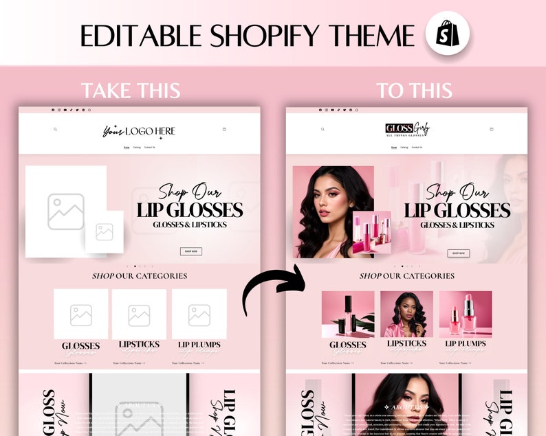 May include: A website mockup for a lip gloss and lipstick company. The website features a pink background with a model wearing makeup and a variety of lip glosses and lipsticks. The website also features a section for shopping categories, including glosses, lipsticks, and lip plumps.