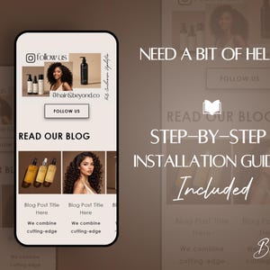 May include: A mobile phone screen displaying a website for hair care products. The website features a blog with articles about hair care, a step-by-step installation guide, and a call to action to follow the company on social media. The website is designed with a modern, minimalist aesthetic and features a color scheme of black, white, and brown.