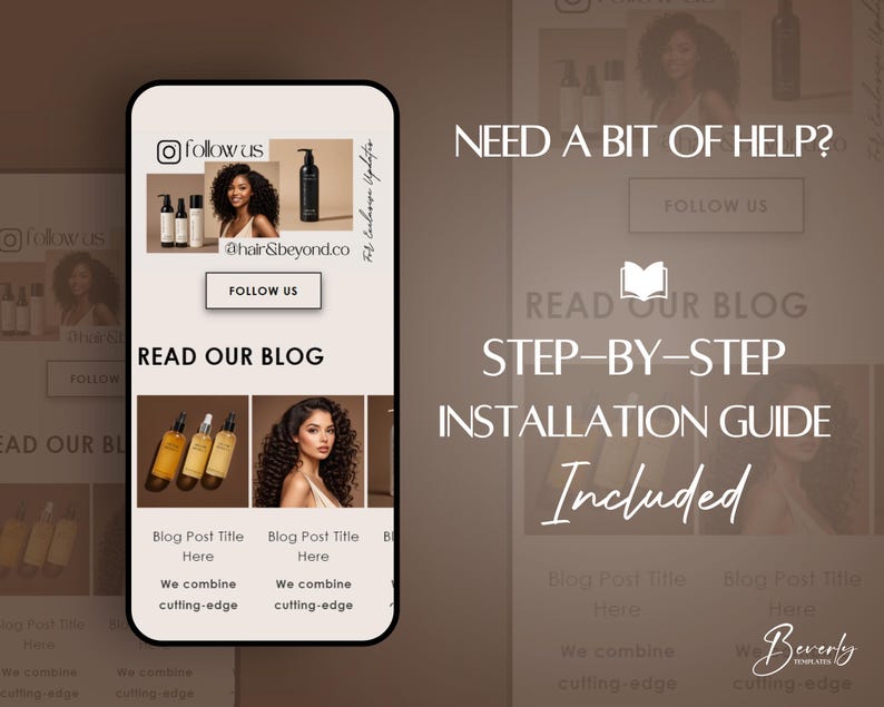 May include: A mobile phone screen displaying a website for hair care products. The website features a blog with articles about hair care, a step-by-step installation guide, and a call to action to follow the company on social media. The website is designed with a modern, minimalist aesthetic and features a color scheme of black, white, and brown.