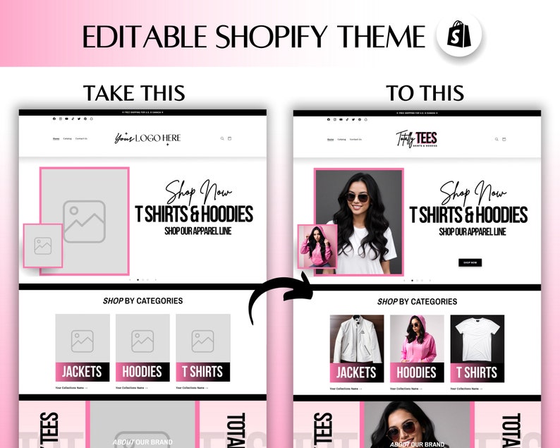 May include: A website design comparison, showing a before-and-after transformation. The "Take This" version features placeholder images and text, while the "To This" version showcases a finished e-commerce site with product categories for jackets, hoodies, and t-shirts.