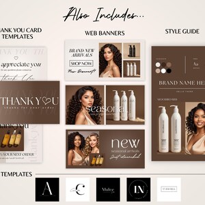 May include: A collection of digital templates for a hair care brand. The templates include thank you cards, web banners, a style guide, and logo options. The style guide includes a color palette and font choices. The web banners feature images of women with curly hair and hair care products.