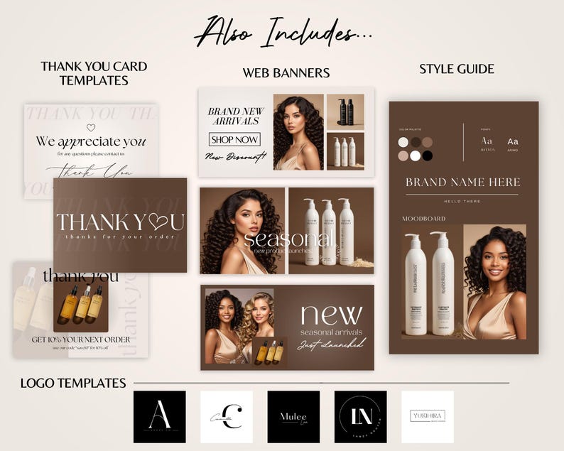 May include: A collection of digital templates for a hair care brand. The templates include thank you cards, web banners, a style guide, and logo options. The style guide includes a color palette and font choices. The web banners feature images of women with curly hair and hair care products.