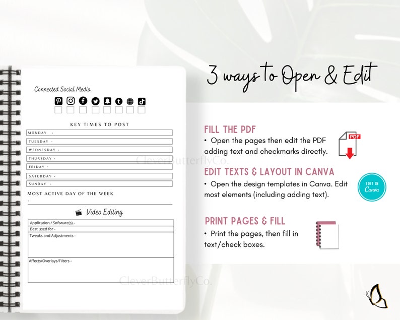 May include: A printable planner page with a section for connected social media, key times to post, and video editing. The page also includes instructions on how to open and edit the planner in three different ways: fill the PDF, edit texts and layout in Canva, or print pages and fill.