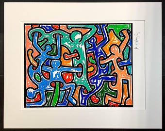Keith Haring - 1988 unbekannter Druck - handsignierte Unterschrift, mattierter Rahmen, 16 x 20 Zoll, Giclee Print, mit Galeriezertifikat