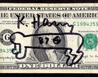 Keith Haring - Billete de un dólar de curso legal del Tesoro de EE. UU. - Firma manuscrita y garabato