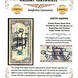 K&ouml;nnte beinhalten: Galeriezertifikat mit einer signierten Keith Haring-Kunstwerk auf einer US-Dollar-Note. Das Kunstwerk ist handsigniert und enth&auml;lt eine Zeichnung. Das Zertifikat garantiert Zufriedenheit.