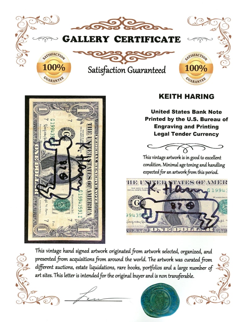 K&ouml;nnte beinhalten: Galeriezertifikat mit einer signierten Keith Haring-Kunstwerk auf einer US-Dollar-Note. Das Kunstwerk ist handsigniert und enth&auml;lt eine Zeichnung. Das Zertifikat garantiert Zufriedenheit.