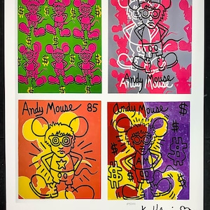 Puede incluir: Una impresión enmarcada con cuatro paneles de arte pop. Cada panel muestra un personaje de ratón de dibujos animados con gafas, en varios esquemas de color. El texto "Andy Mouse" y "85" son visibles, junto con símbolos de dólar y la firma del artista.