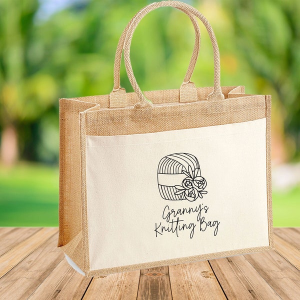 Personalised Knitting Jute Bag, Knitting Project Tote Bag, Cute Grandma Yarn Bag, Mothers Crochet Bag, Large Knitting Bag, Funny Summer Gift