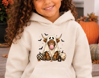 Halloween-Hoodie und T-Shirt für Kinder mit Hochlandrind-Motiv, Geisterkuh-Pullover, Herbst-Shirt für Mädchen mit Kaugummi-Kürbissen