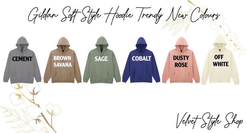 a collection of six hooded sweatshirts in various colors, including Cement, Brown Savana, Sage, Cobalt, Dusty Rose, and Off White.
