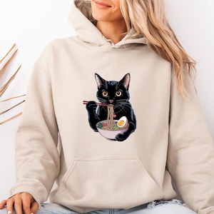 Ramen Cat Hoodie, Black Cat Pullover, Noodle Cat Hoodie, Cute Kitten Hoodie, Foodie Lover Gift, Retro Cat Jumper, Gift for Cat Lover