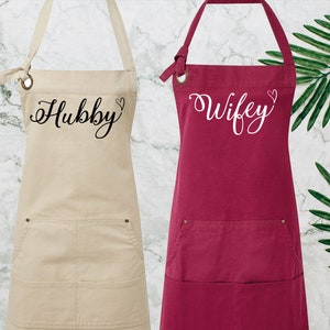 Wedding Apron, Couple Apron, Wifey Hubby Apron, Bride Apron, Bridal Apron, Cooking Apron, Kitchen Apron, Mr and Mrs Apron, Wife Apron