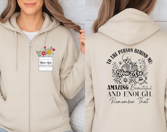 Hoodie met ritssluiting en bloemenprint, skeletfiguur achter me, 'You Matter' hoodie met volledige ritssluiting, cadeau voor mentale gezondheid