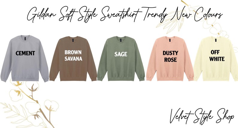 a collection of five different colored soft-style sweatshirts, each with a unique color and design, arranged in a row.