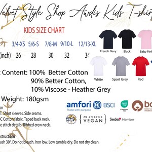The image is a children's t-shirt size chart from a velvet style shop, featuring various color options and corresponding chest sizes.