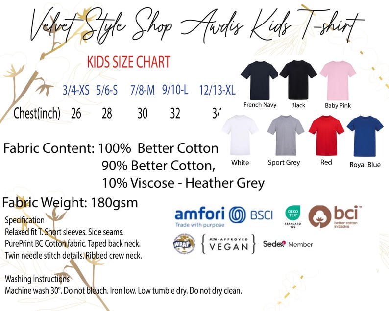 The image is a children's t-shirt size chart from a velvet style shop, featuring various color options and corresponding chest sizes.