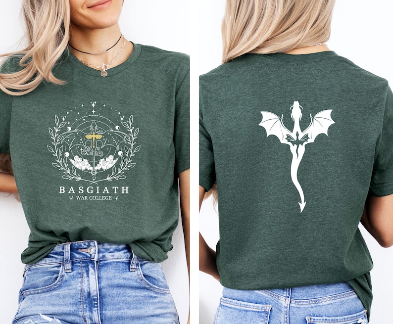 May include: Green t-shirt with a white graphic on the front and back. The front features the text "BASGIATH WAR COLLEGE" with a detailed emblem. The back displays a white dragon design. The shirt is made of a soft material.