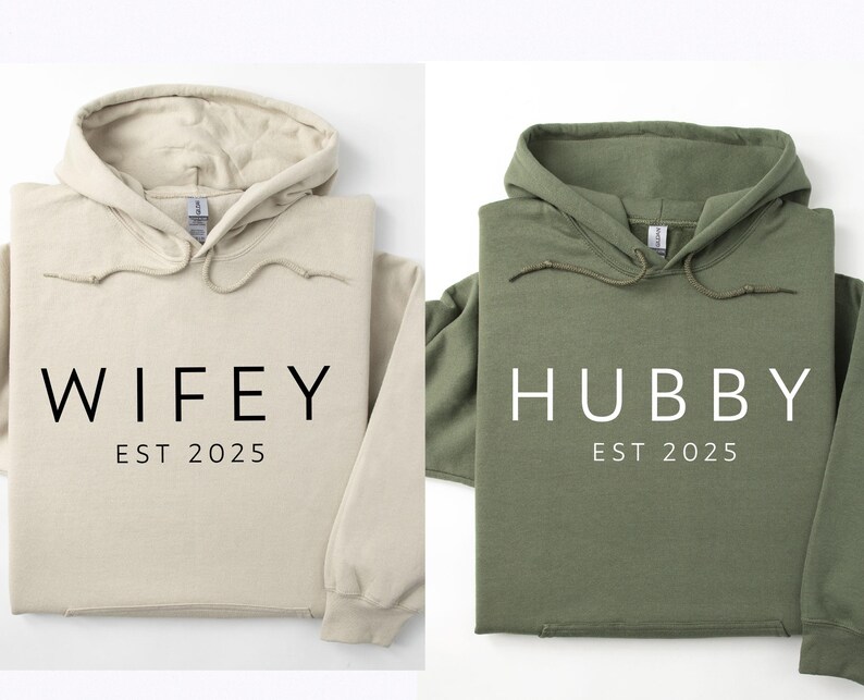 Wifey Hubby Hoodies, Paare Weihnachtsgeschenk, Ehemann Frau Hoodie, Flitterwochen Hoodie, Valentinstag Geschenk, Hochzeit Hoodie, personalisiertes Paar Bild 2