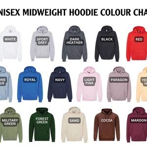 a group of different colored hoodies with the words unisex midnight hoodie