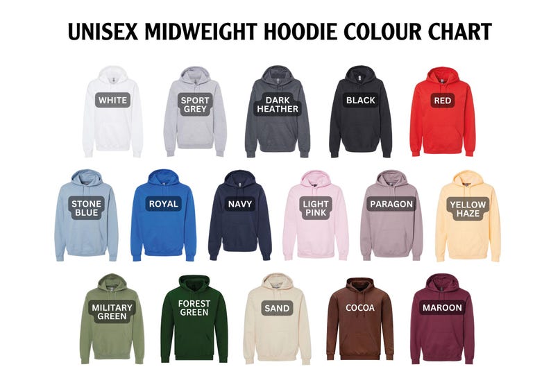 a group of different colored hoodies with the words unisex midnight hoodie