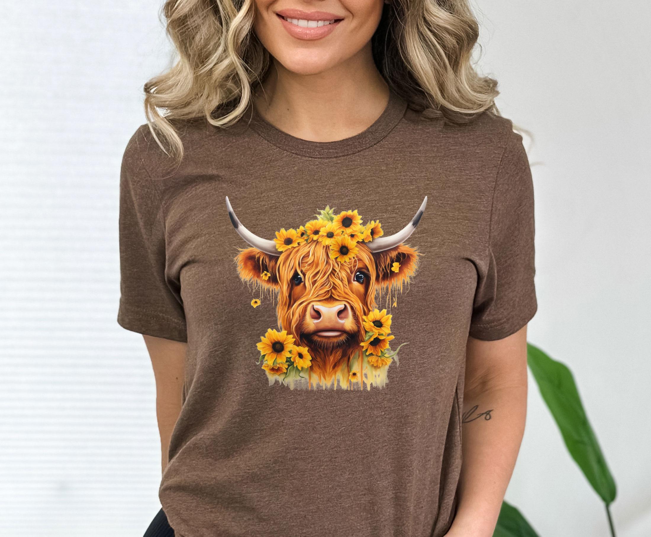 T-shirt Manches Longues Highland - Motif Vache, Tournesol, Campagne | Neuf Avec étiquettes