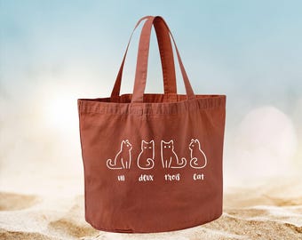 Un Deux Trois Cat Tote Bag, Recycled Cotton Shopper, Garment-Dyed Canvas Bag
