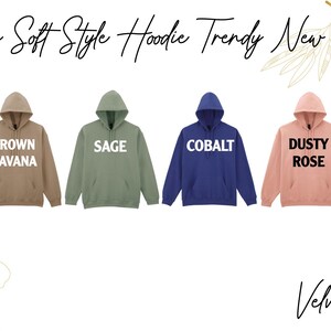 a collection of six hooded sweatshirts in various colors, including Cement, Brown Savana, Sage, Cobalt, Dusty Rose, and Off White.