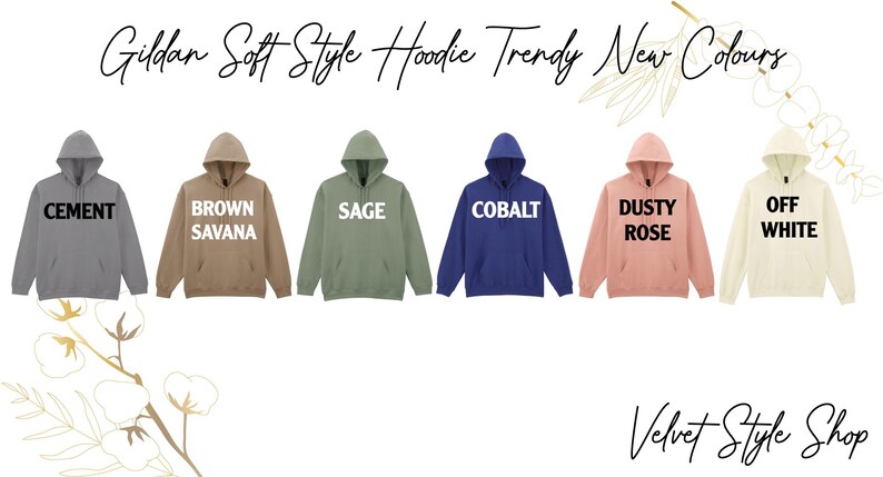 a collection of six hooded sweatshirts in various colors, including Cement, Brown Savana, Sage, Cobalt, Dusty Rose, and Off White.