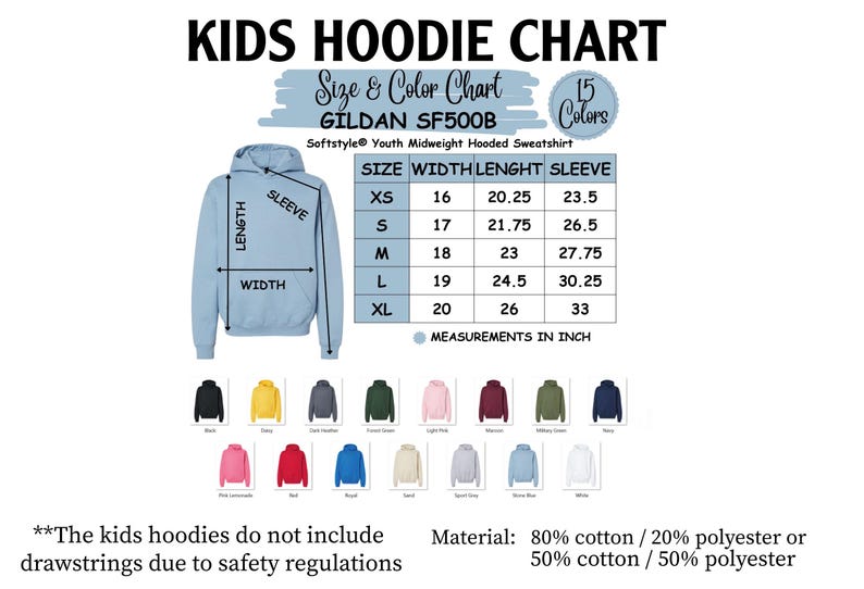 the kids hoodie chart shows the sizes and colors of the hoodie