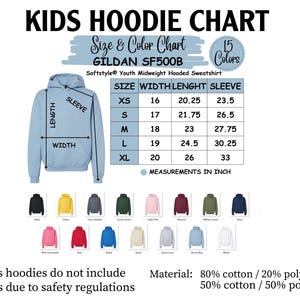 the kids hoodie chart shows the sizes and colors of the hoodie