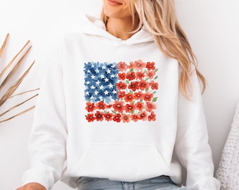 Poppy American Flag Hoodie, Floral Patriotic Outfit, 250th Anniversary Usa, 4th Of July Gift