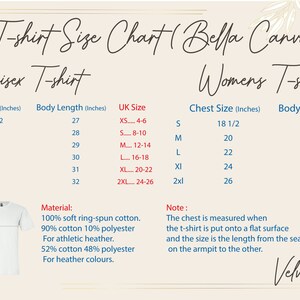 Op de afbeelding: Een maattabel voor Bella Canvas T-shirts, met de borst- en lichaamslengtemaat in inches voor zowel unisex als damesmodellen. De tabel bevat Britse maten en details over de materiaal samenstelling, die zacht ringgesponnen katoen en polyester mengsels omvat.