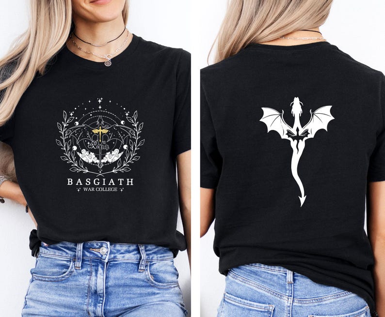 May include: Black t-shirt with a white graphic on the front and back. The front design features a sword, stars, and the text "BASGIATH WAR COLLEGE". The back displays a white dragon design.