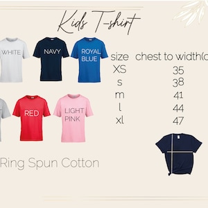 May include: A display of children's t-shirts in various colors, including black, white, navy, and royal blue. The image includes a size chart with chest measurements in centimeters and age ranges, along with the text "Kids T-shirt" and "100% Ring Spun Cotton."
