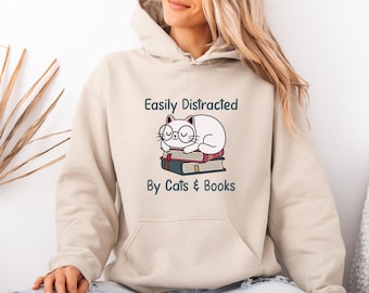 Cat and Book Hoodie, Cat Lovers Hoodie, Book Lover Hoodie, Funny Book Hoodie, Women Cat Hody, Cat Mum Gift, Cat Christmas Gift, Bookish Gift