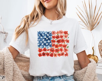 Poppy American Flag Shirt, Floral Patriotic T-shirt, 250th Anniversary Usa, 4th Of July Gift