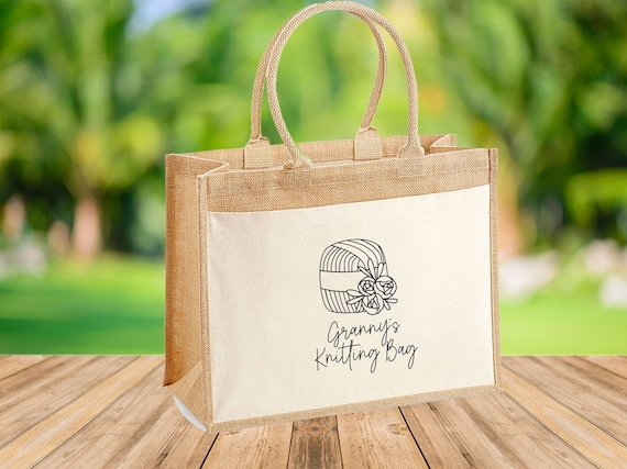 Custom Knitting Bag, Knitting Jute Bag, Knitting Project Bag, Yarn Tote  Bag, Grandma Birthday, Personalised Bag, Large Jute Bag, Crochet Bag 