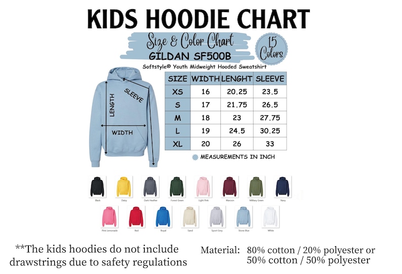 the kids hoodie chart shows the sizes and colors of the hoodie