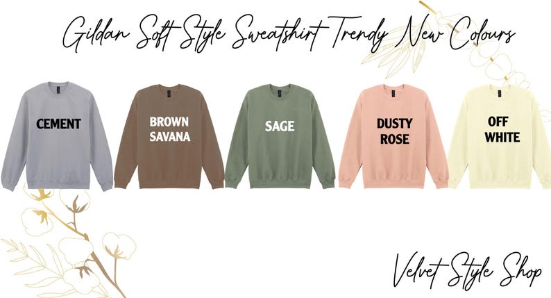 a collection of five different colored soft-style sweatshirts, each with a unique color and design, arranged in a row.
