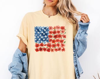 Comfort Colors® Mohnblumen-Flaggen-T-Shirt, Vaterländisches Hemd mit Blumenmuster, 250-jähriges Jubiläum der USA, Geschenk zum 4.Juli