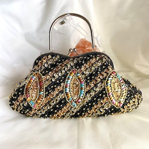 Kiss Lock Handbag, Beaded Evening Bag, Handmade Clutch, Vintage Bride Bag, Black Purse, Embroidered Bag, Black Beaded Clutch, Cocktail Party