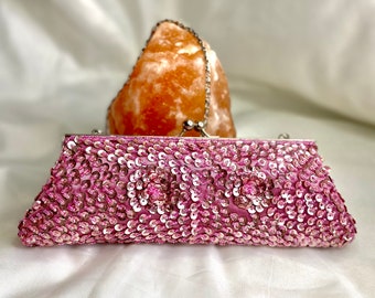 Pink Wedding Clutch, Hot Pink Bag, Beaded Purses, Seed Bead Bags, Liliac Evening Purse, Kiss Lock Bags, Beaded Party Clutch, Sequin Purple