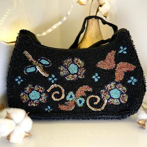Kiss Lock Handbag, Beaded Evening Bag, Handmade Clutch, Vintage Bride Bag, Black Purse, Embroidered Bag, Black Beaded Clutch, Cocktail Party