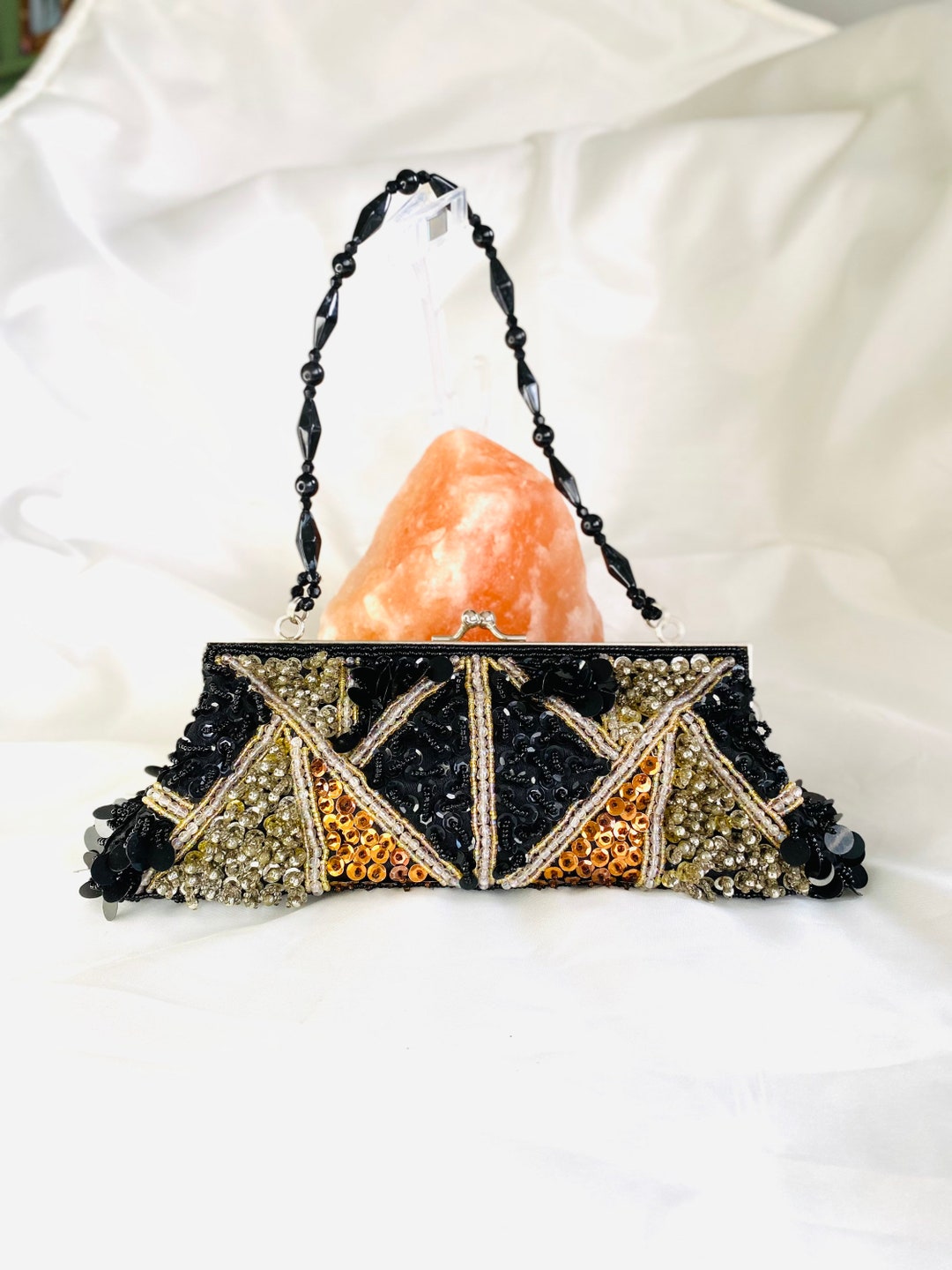 Vintage Beaded Clutch, Art Deco Evening Bag, Black and Gold Clutch ...