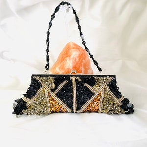 Vintage Beaded Clutch, Art Deco Evening Bag, Black and Gold Clutch, Handmade Sequin Purse, Luxury Statement Accessory, Wedding Purse,