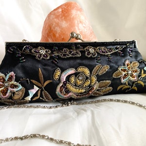 Black Evening Bag, Glamorous Purse, Black Taffeta Purse, Beaded Party Clutch, 1960s Purse, Vintage Black Purse,  Cocktail Bag, Frame Purse